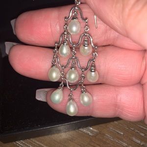 Real fresh water pearl chandelier style white gold earrings.